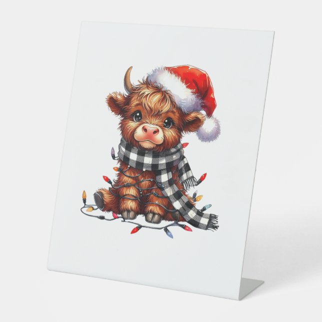 Christmas Lights Highland Cow Baby Christmas Light Pedestal Sign (Front)