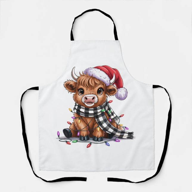 Christmas Lights Highland Cow Santa Hat Apron (Front)