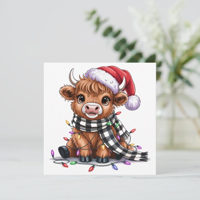Christmas Lights Highland Cow Santa Hat Holiday Card (Standing Front)