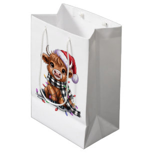 Christmas Lights Highland Cow Santa Hat Medium Gift Bag