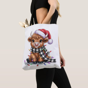 Christmas Lights Highland Cow Santa Hat Tote Bag