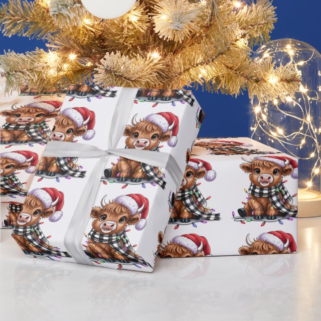 Christmas Lights Highland Cow Santa Hat Wrapping Paper (Holidays)