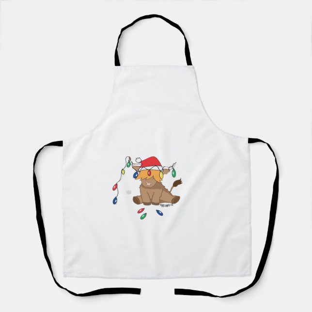 Christmas lights highland cow ugly sweater christm apron (Front)