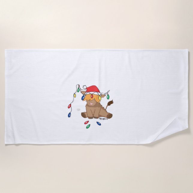 Christmas lights highland cow ugly sweater christm beach towel (Front)