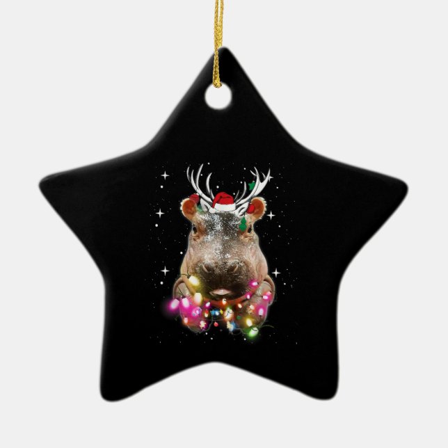 Christmas Lights Hippo Fiona Hippopotamus Lover Ceramic Ornament (Front)