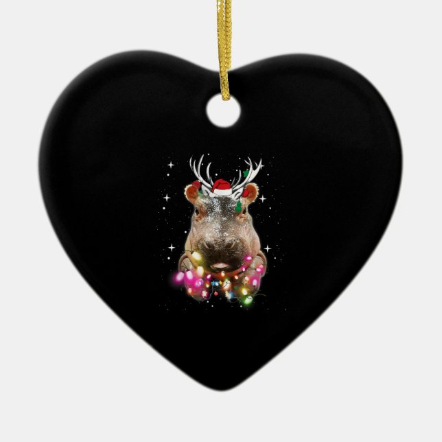 Christmas Lights Hippo Fiona Hippopotamus Lover Ceramic Ornament (Front)