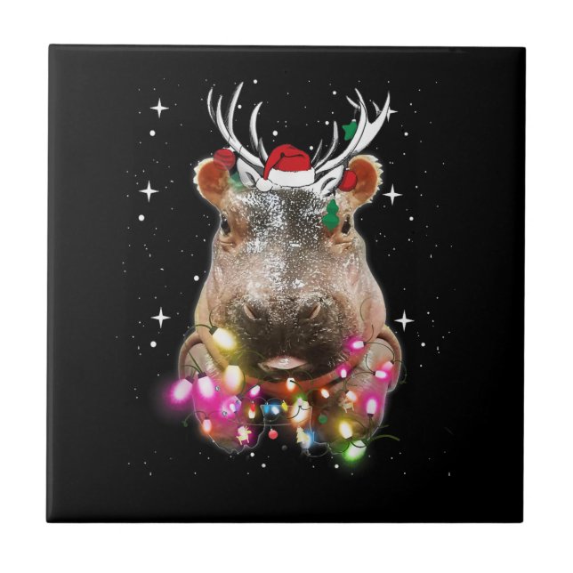 Christmas Lights Hippo Fiona Hippopotamus Lover Ceramic Tile (Front)