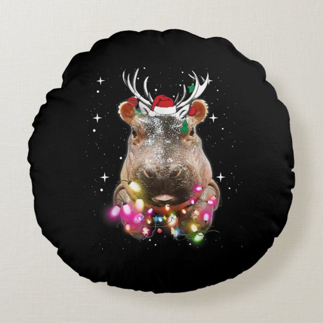 Christmas Lights Hippo Fiona Hippopotamus Lover Round Cushion (Front)