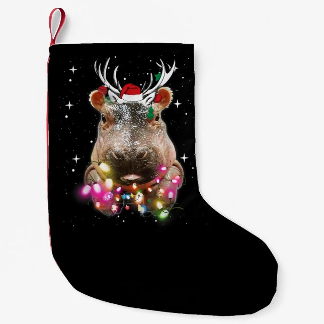 Christmas Lights Hippo Fiona Hippopotamus Lover Small Christmas Stocking (Front)