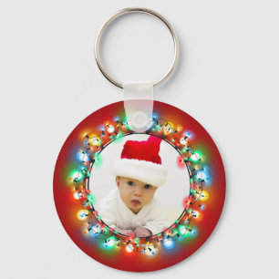 Christmas Lights Holiday Photo Wreath on Red Key Ring