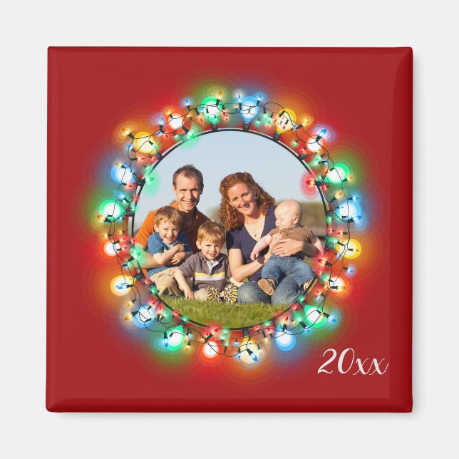 Christmas Lights Holiday Photo Wreath with Year Magnet (Front)