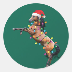 Christmas Lights Horse Santa Funny Xmas Tree Horse Classic Round Sticker