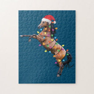 Christmas Lights Horse Santa Funny Xmas Tree Horse Jigsaw Puzzle