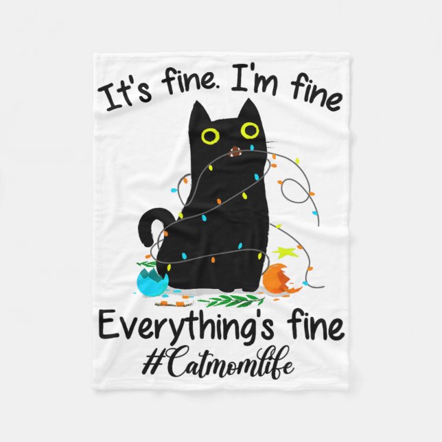 Christmas Lights I'm Fine Everything Is Fine Cat M Fleece Blanket (Front)
