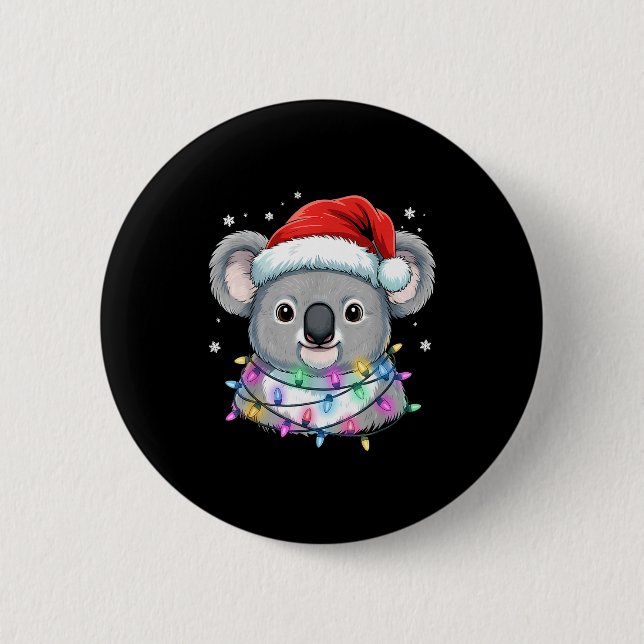 Christmas Lights Koala Santa Hat Cute Xmas Pajamas 6 Cm Round Badge (Front)