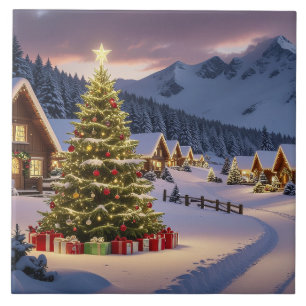 Christmas lights landscape with snow ceramic tile
