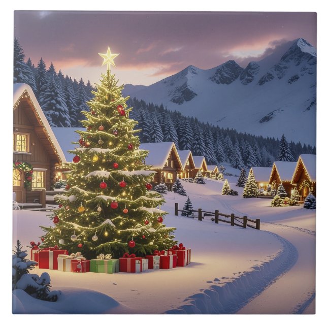 Christmas lights landscape with snow ceramic tile (Front)