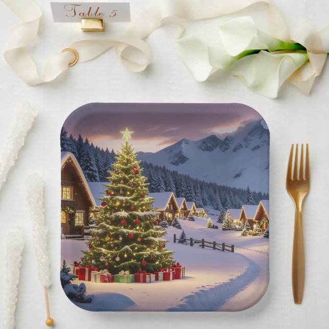 Christmas lights landscape with snow paper plate (Wedding)