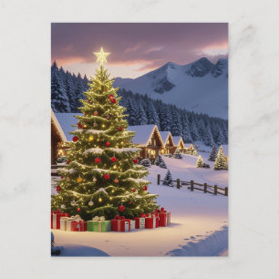 Christmas lights landscape with snow postcard