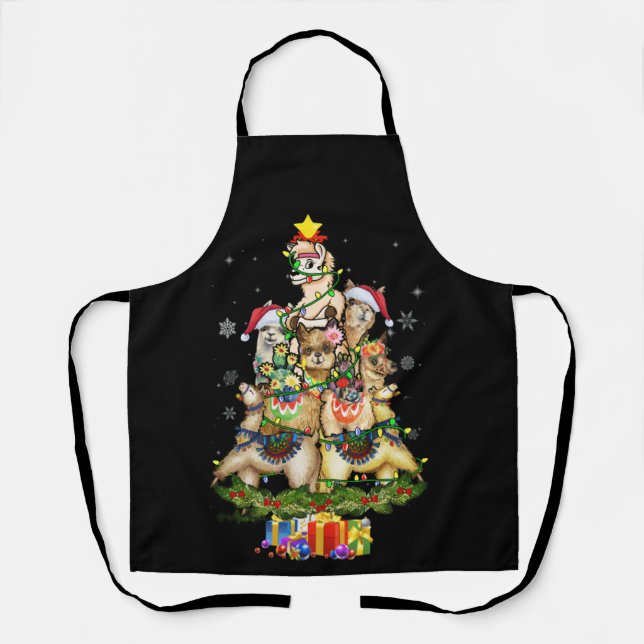 Christmas Lights Llama Santa Hat Tree Llama Apron (Front)