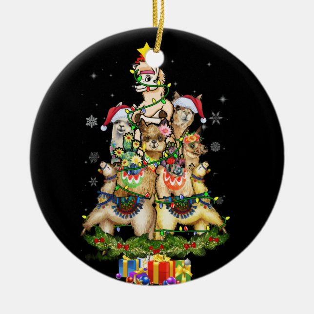 Christmas Lights Llama Santa Hat Tree Llama Ceramic Ornament (Front)