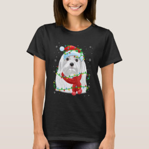 Christmas Lights Maltese Dog Santa Hat Scarf T-Shirt