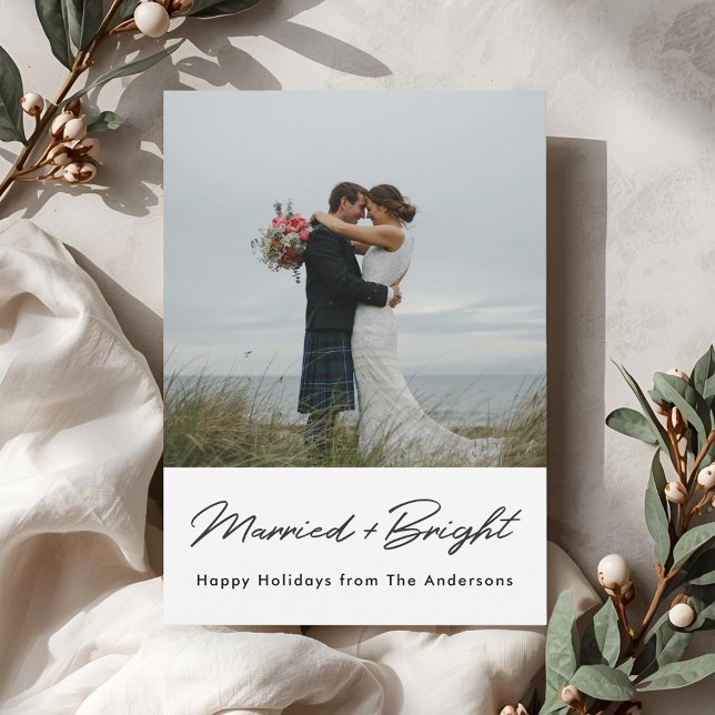Christmas Lights Married and Bright Newlywed Photo Holiday Card (Creator Uploaded)