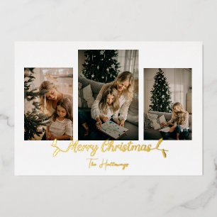 Christmas Lights Minimalist 3 Photo Foil Holiday Card