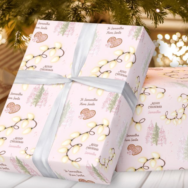 Christmas Lights Modern Pink Pastel Custom Name Wrapping Paper (Christmas Lights Modern Pink Pastel Custom Name Wrapping Paper)