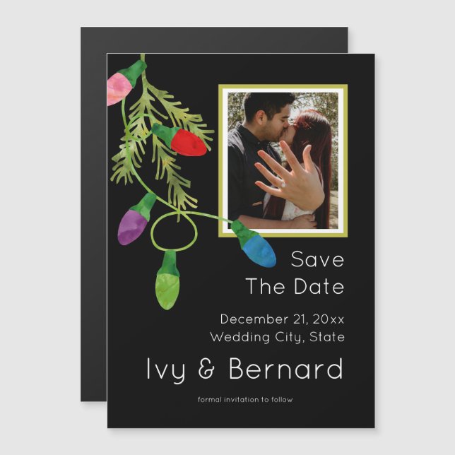 Christmas Lights on Black Photo Save the Date Magnetic Invitation (Front/Back)