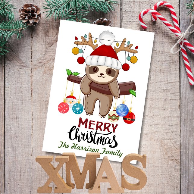 Christmas Lights on Cute Sloth with Santa Hat Holiday Card (Creator Uploaded)