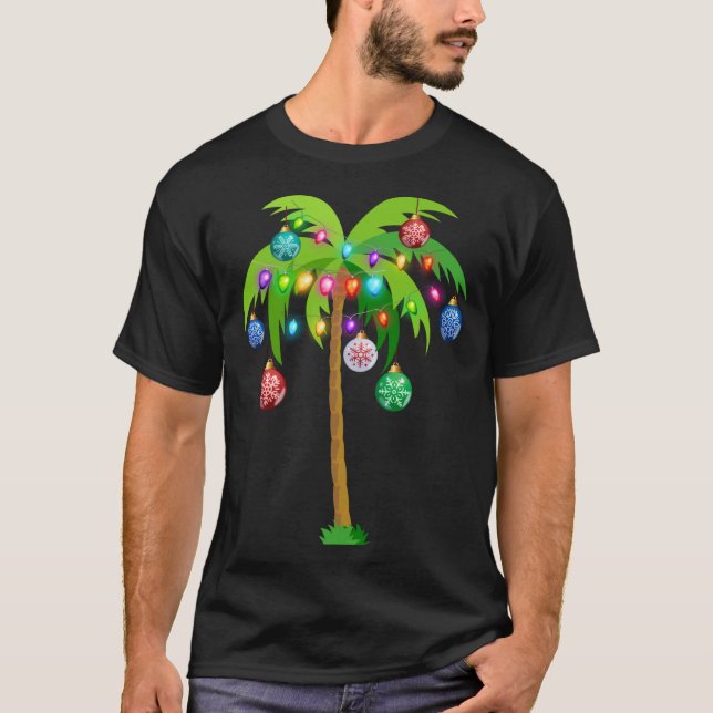 Christmas Lights Palm Tree Funny Hawaii Beach Trop T-Shirt (Front)