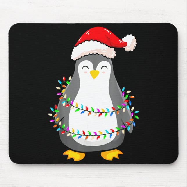 Christmas Lights Penguin Wearing Xmas Hat - Pengui Mouse Pad (Front)