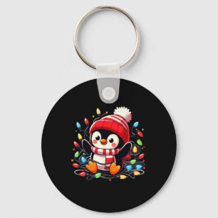 Christmas Lights Penguin Wearing Xmas Hat Penguin  Key Ring