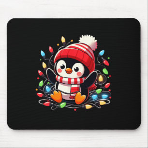 Christmas Lights Penguin Wearing Xmas Hat Penguin  Mouse Pad