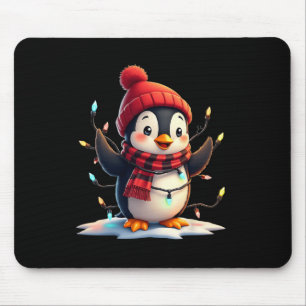 Christmas Lights Penguin Wearing Xmas Hat Penguin Mouse Pad
