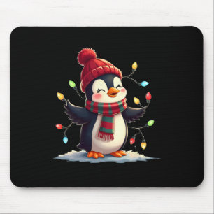 Christmas Lights Penguin Wearing Xmas Hat Penguin  Mouse Pad