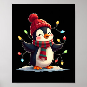 Christmas Lights Penguin Wearing Xmas Hat Penguin Poster