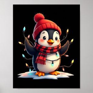 Christmas Lights Penguin Wearing Xmas Hat Penguin Poster
