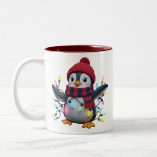 Christmas Lights Penguin Wearing Xmas Hat Penguins Two-Tone Coffee Mug