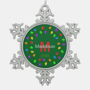 Christmas Lights Personalised  Snowflake Pewter Christmas Ornament