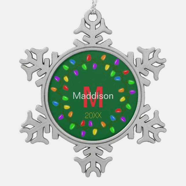 Christmas Lights Personalised  Snowflake Pewter Christmas Ornament (Front)