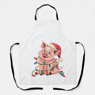 Christmas Lights Pig Wearing Xmas Hat - Pig Lover Apron