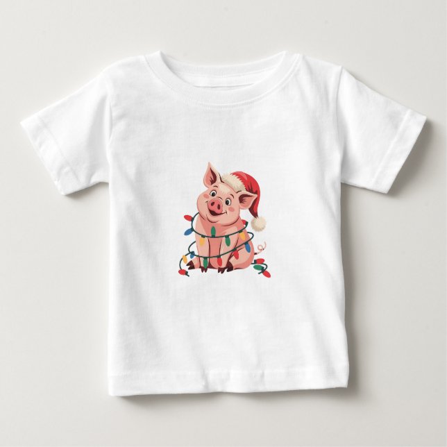 Christmas Lights Pig Wearing Xmas Hat - Pig Lover Baby T-Shirt (Front)