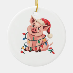 Christmas Lights Pig Wearing Xmas Hat - Pig Lover Ceramic Ornament