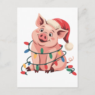 Christmas Lights Pig Wearing Xmas Hat - Pig Lover Holiday Postcard