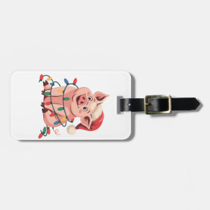 Christmas Lights Pig Wearing Xmas Hat - Pig Lover Luggage Tag