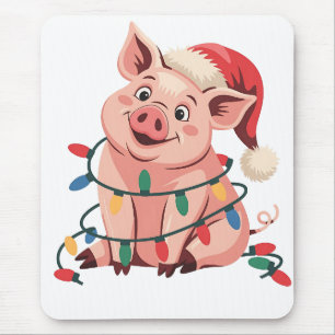 Christmas Lights Pig Wearing Xmas Hat - Pig Lover Mouse Pad