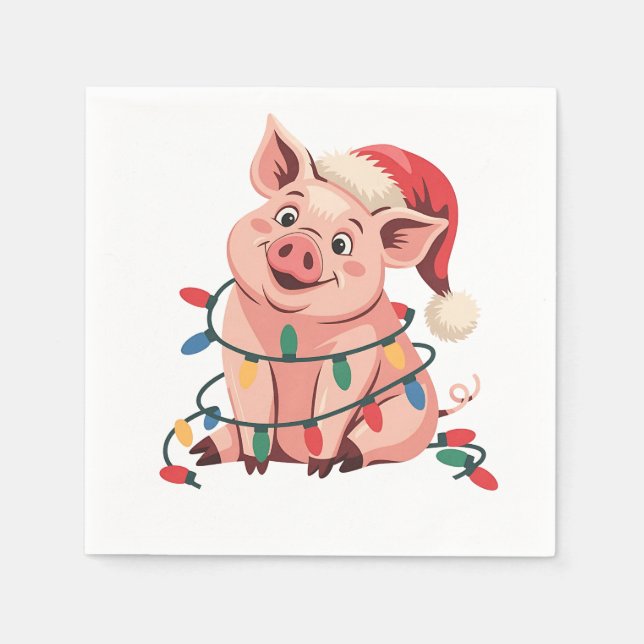 Christmas Lights Pig Wearing Xmas Hat - Pig Lover Napkin (Front)