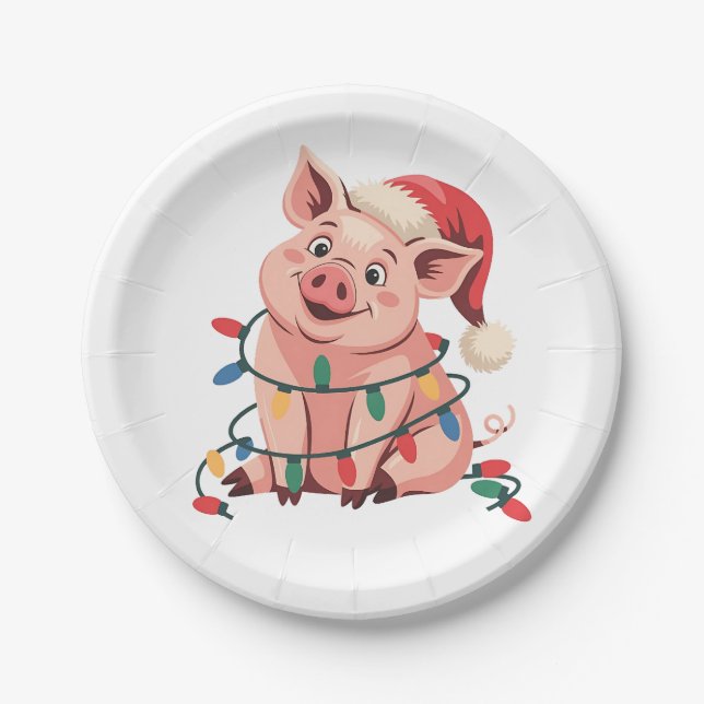 Christmas Lights Pig Wearing Xmas Hat - Pig Lover Paper Plate (Front)